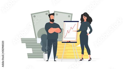 The girl shows a report to the boss. Presentation with positive dynamics. Board for paper. Infographics. Business growth. Isolated. Vector.