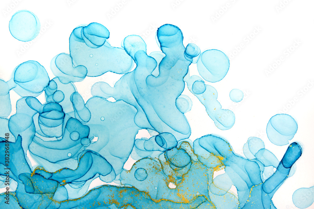 Obraz premium Alcohol ink blue transparent background. Ocean style watercolor drops texture.