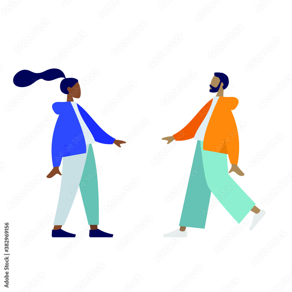 One man and one woman meet each other, flat color illustration, young people are standing, character posing