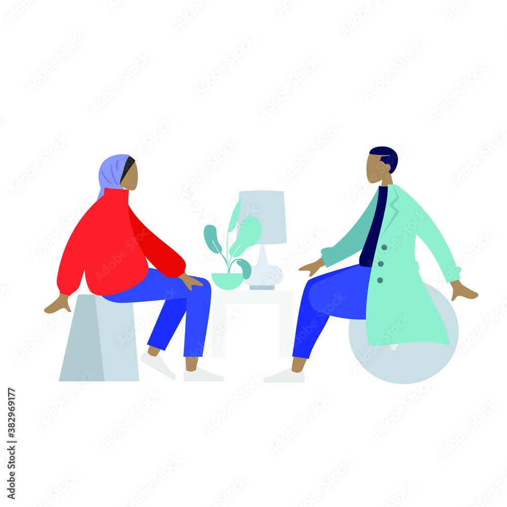 A muslim woman and a arabic man are talking face to face, colorful human illustrations on white background, gossiping