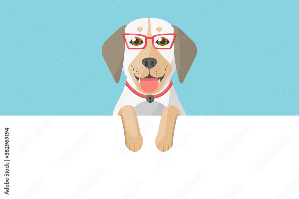 Cute dog face with paws up on border. Vector illustration