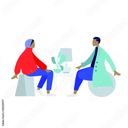A muslim woman and a arabic man are talking face to face, colorful human illustrations on white background, gossiping