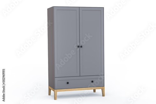 3D illustration. Grey modern design wardrobe with decorative black metal handles isolated on white background. Solid oak wood legs. Thin body edges. Two doors and one drawer. Scandinavian style.