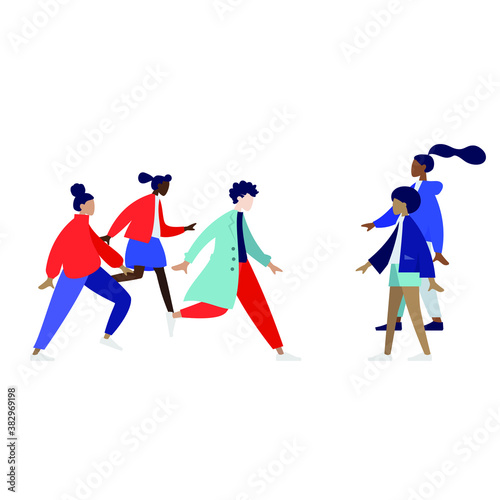 Three colorful girls are running in hurry towards two standing woman, flat color illustration, young people are catching something, character pose