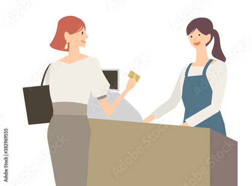 買い物をしてレジで会計をする女性のイラスト　スマホキャシュレス