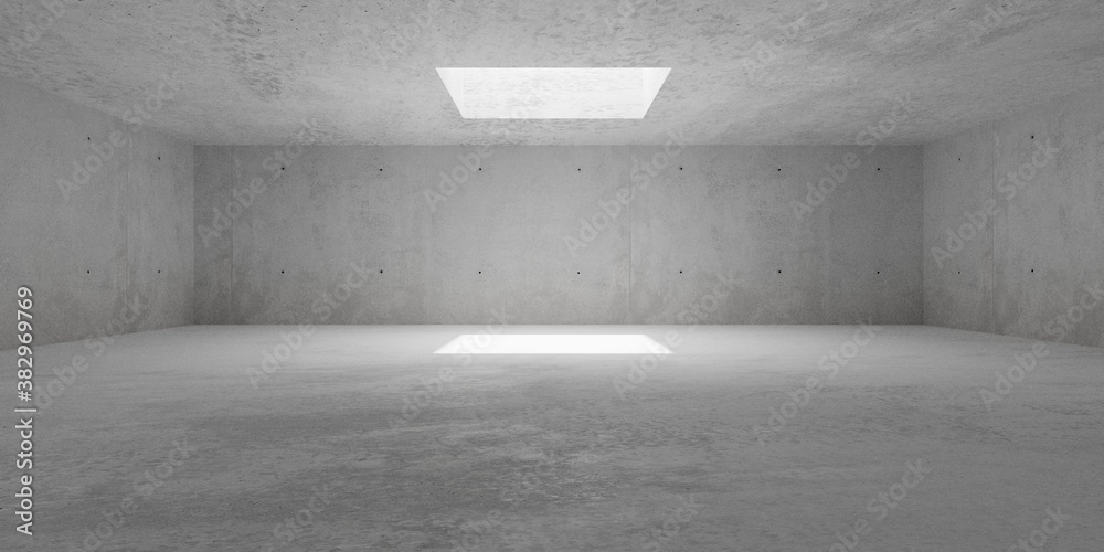 Abstract empty, modern, wide concrete walls hallway room with indirekt ceiling light opening - industrial interior background template - obrazy, fototapety, plakaty 