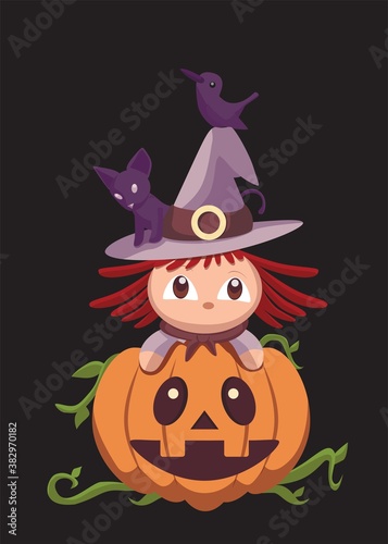 Halloween's illustration with little witch cat and raven on pumpkin on black background