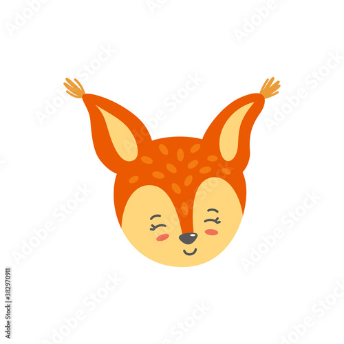 Squirrel head as emoticon. Cute smiling emoji. Vector illustration of amused squirrel in flat style