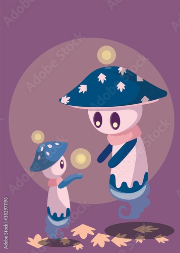 Halloween magical little spirit mushrooms with leaves and lights on purple background