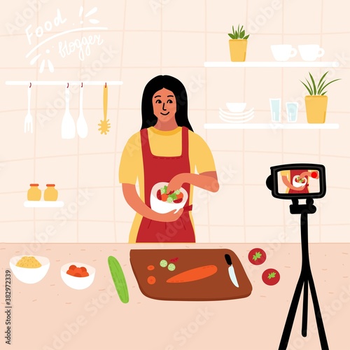 Food blogger. Female chef make salad in kitchen while recording video using camera online video channel. Cook healthy food at home. homemade meals. culinary video master. Vector