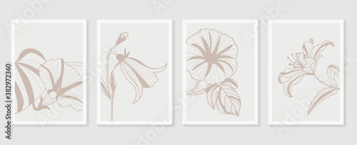 Botanical wall art vector set. Earth tone boho foliage line art drawing with  abstract shape.  Abstract Plant Art design for print, cover, wallpaper, Minimal and  natural wall art.