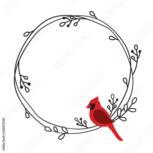 Print op canvas Vector illustration of a red cardinal bird on a round doodle wreath frame