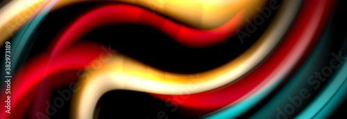 Dynamic motion abstract background. Color blurred stripes on black. Wave liquid lines poster. Vector illustration