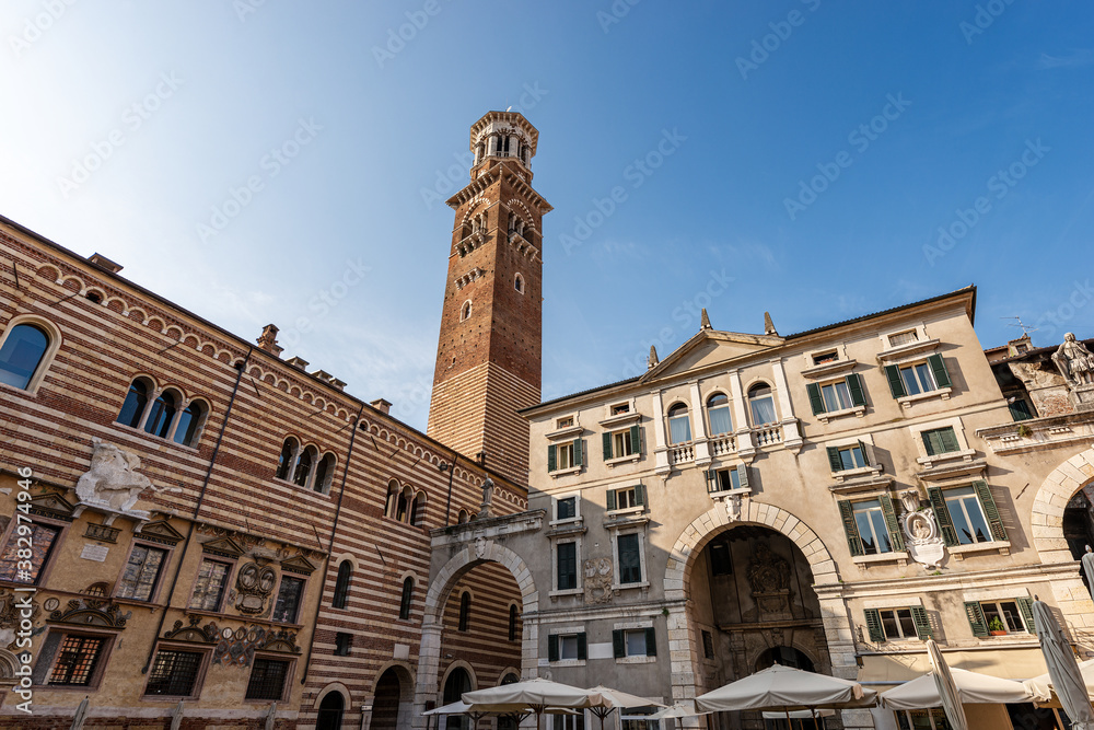Verona, Piazza dei Signori also known as Piazza Dante, square in the historic center of the city. In the center the Lamberti tower (Torre dei Lamberti). UNESCO world heritage site, Veneto, Italy, Euro