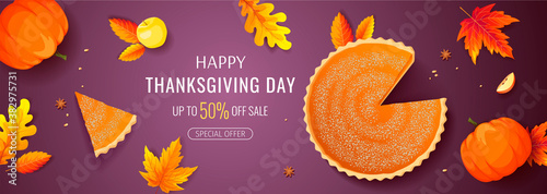 Happy Thanksgiving Day promo sale banner or background with pumpkin pie, apples and autumn leaves. Vector illustration for poster, banner, special offer.