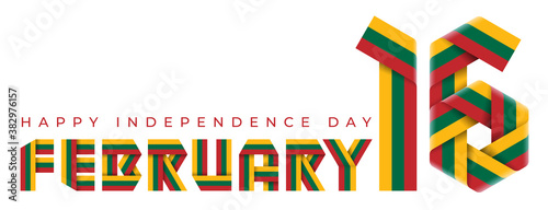 February 16, Lithuania Independence Day congratulatory design with Lithuanian flag colors.