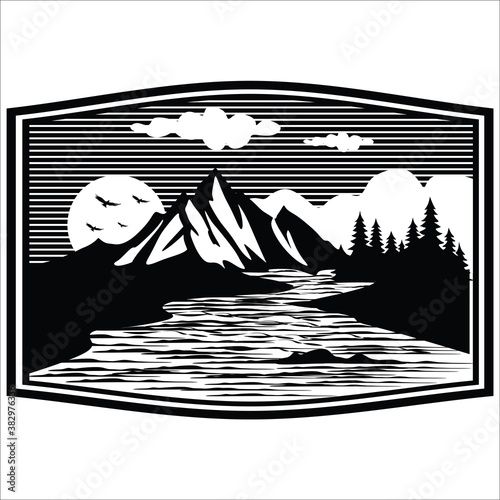 mountain view with river pine tree and moon for illustration and image