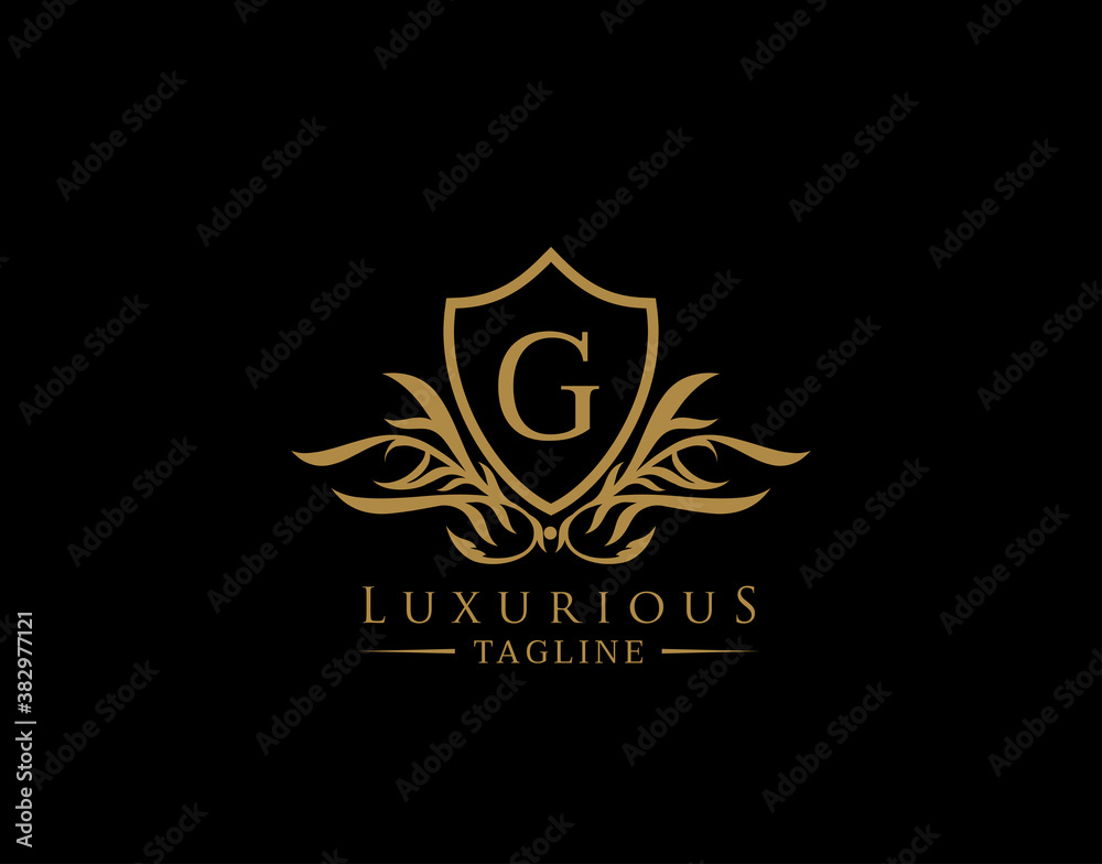 Classic Shield Logo With G Letter. Elegant Shield badge With Floral Shape perfect for fashion, Boutique, Jewelry, Hotel, Restaurant.