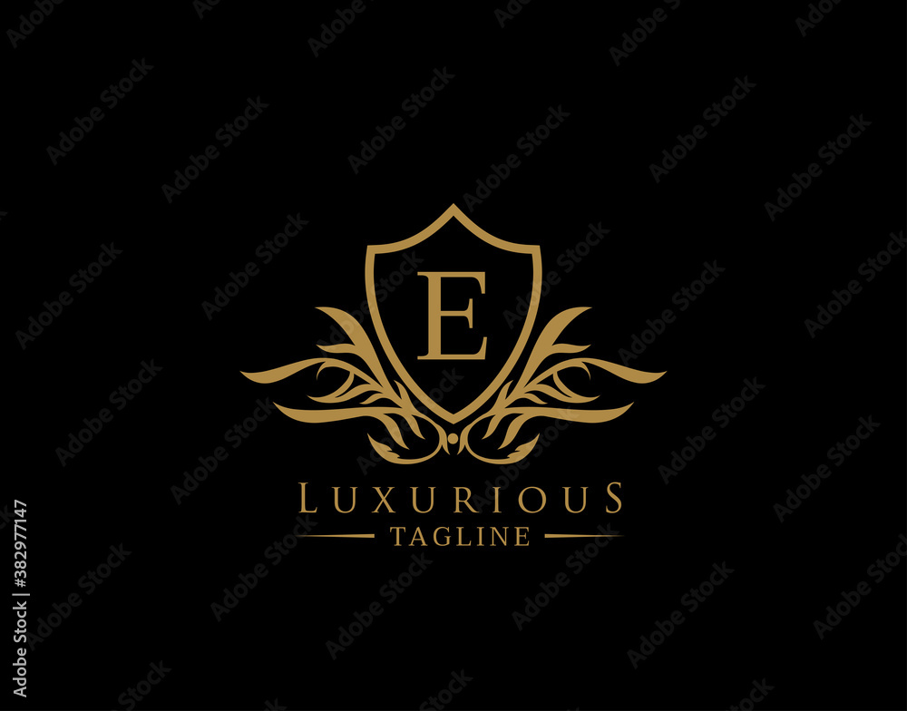Classic Shield Logo With E Letter. Elegant Shield badge With Floral Shape perfect for fashion, Boutique, Jewelry, Hotel, Restaurant.