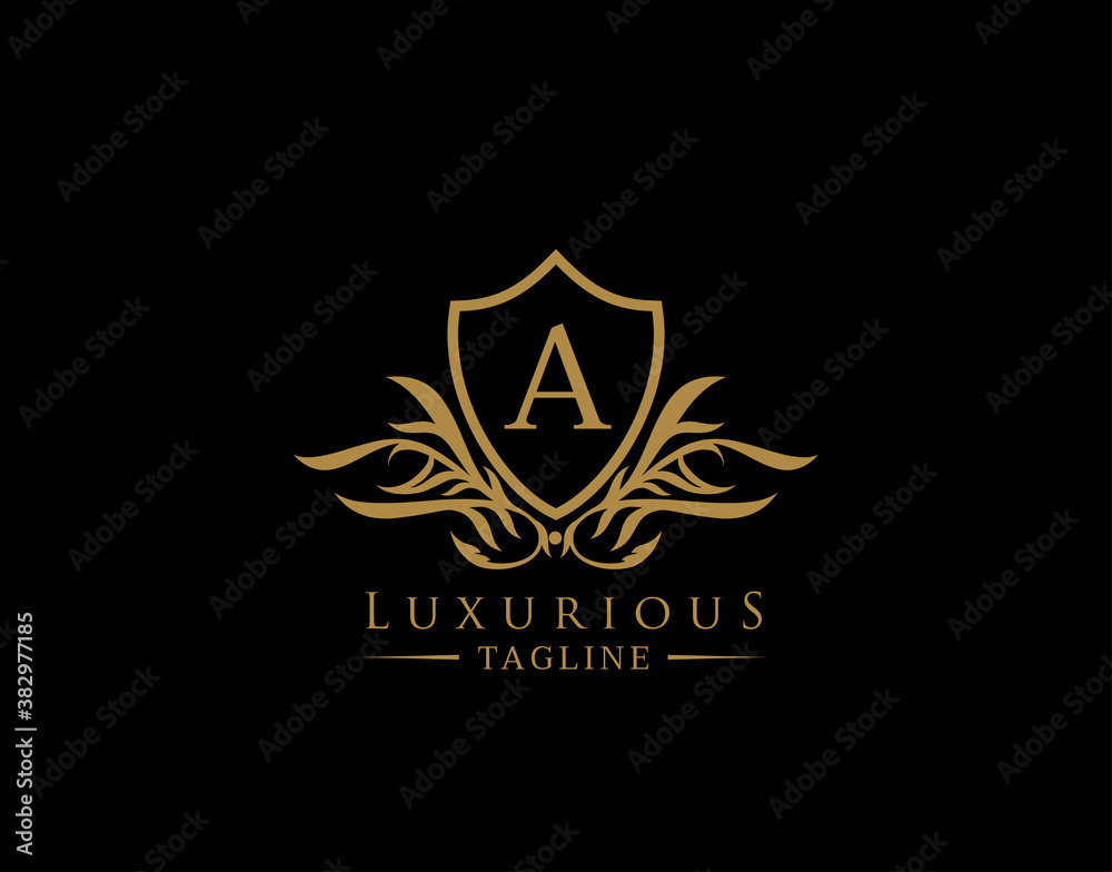 Classic Shield Logo With A Letter. Elegant Shield badge With Floral Shape perfect for fashion, Boutique, Jewelry, Hotel, Restaurant.