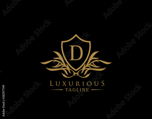 Classic Shield Logo With D Letter. Elegant Shield badge With Floral Shape perfect for fashion, Boutique, Jewelry, Hotel, Restaurant.