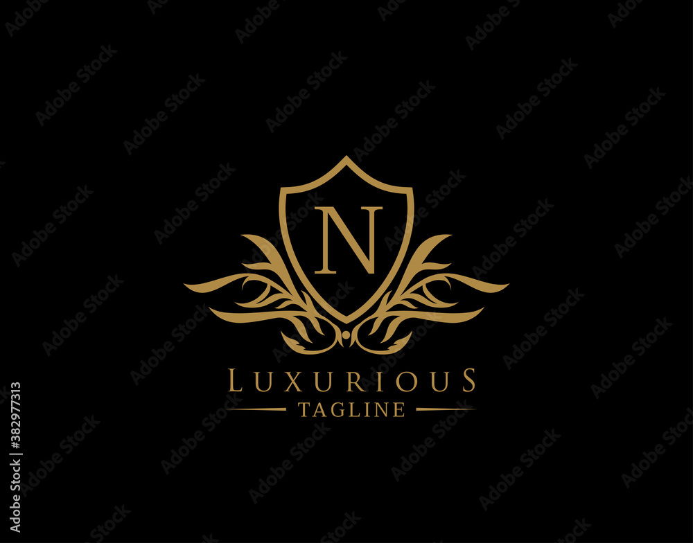 Classic Shield Logo With N Letter. Elegant Shield badge With Floral Shape perfect for fashion, Boutique, Jewelry, Hotel, Restaurant. Classic Shield Logo With N Letter. Elegant Shield badge With Floral Shape perfect for fashion, Boutique, Jewelry, Hotel, Restaurant.