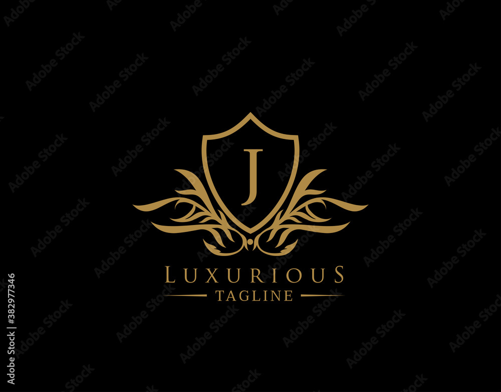 Classic Shield Logo With J Letter. Elegant Shield badge With Floral Shape perfect for fashion, Boutique, Jewelry, Hotel, Restaurant.