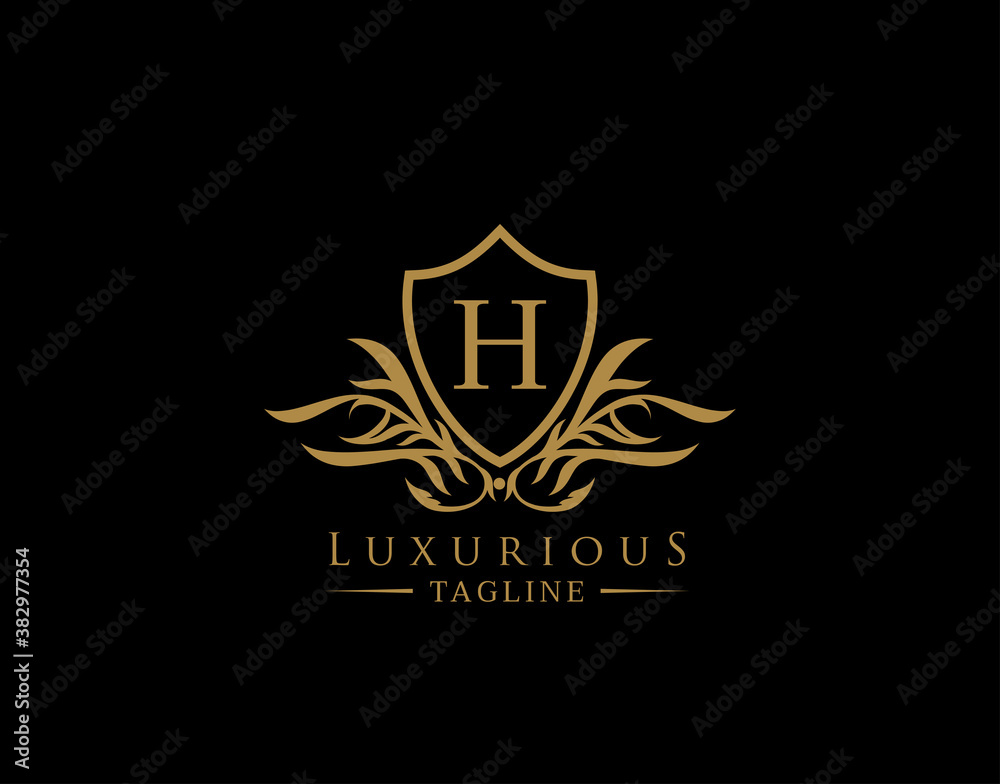 Classic Shield Logo With H Letter. Elegant Shield badge With Floral Shape perfect for fashion, Boutique, Jewelry, Hotel, Restaurant.