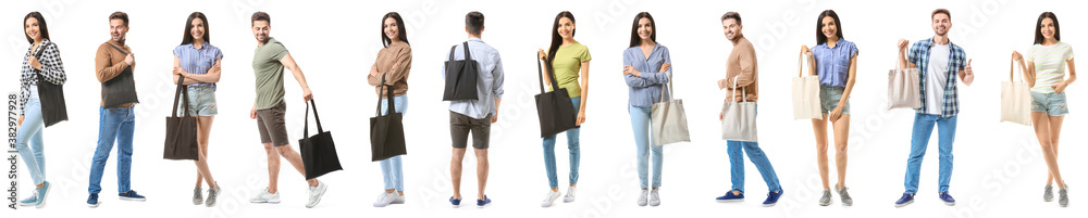 Set of people holding blank bags on white background Set of people holding blank bags on white background