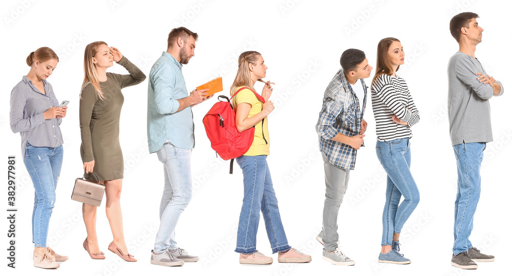 Different people waiting in line on white background
