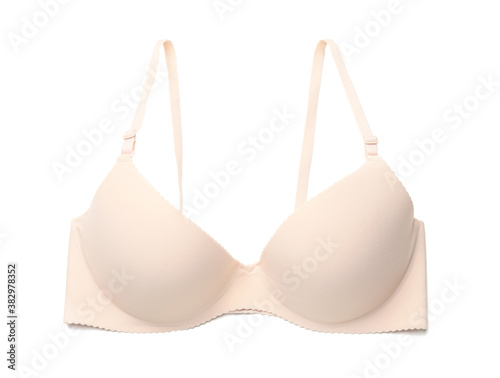 Stylish female bra on white background