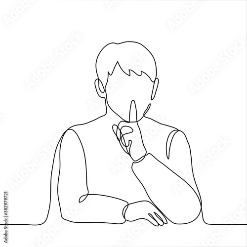 silhouette of a man sitting with his index finger to his lips. one line drawing concept of silence,  ignorance, keeping a secret, possessing a secret, hiding information