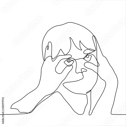 face of a sleepy / tired man to whom someone opens their eyes wide. one line drawing concept keep awake, sleep deprivation, lack of sleep, demand someone's attention