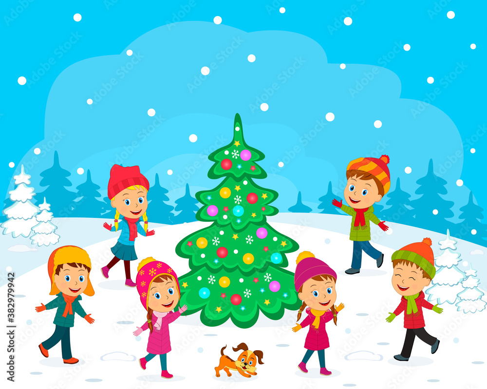 kids, boys and girls play in winter, illustration, vector kids, boys and girls play in winter, illustration, vector