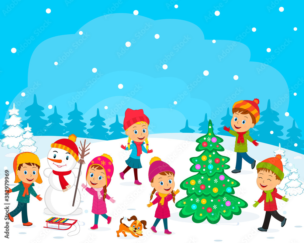 kids, boys and girls play in winter, illustration, vector kids, boys and girls play in winter, illustration, vector