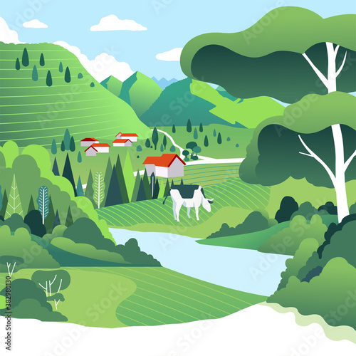 country side scenery with green field, houses, cows and blue sky. beautiful village surround by hills vector illustration