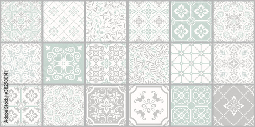 Collection of 18 ceramic tiles in turkish style. Seamless colorful patchwork from Azulejo tiles. Portuguese and Spain decor. Islam, Arabic, Indian, Ottoman motif. Vector Hand drawn background