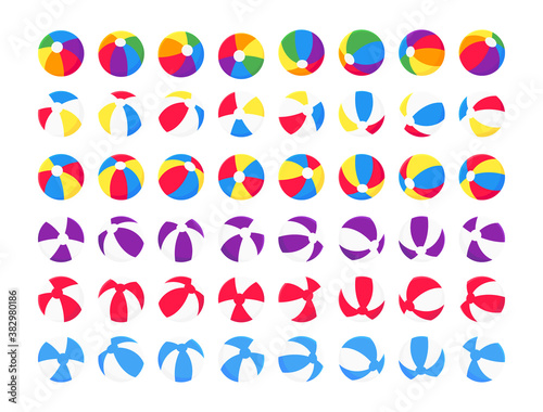 Inflatable beach balls big set flat style design vector illustration icon signs isolated on white background. Retro styled inflatable toys for summer games or holidays.