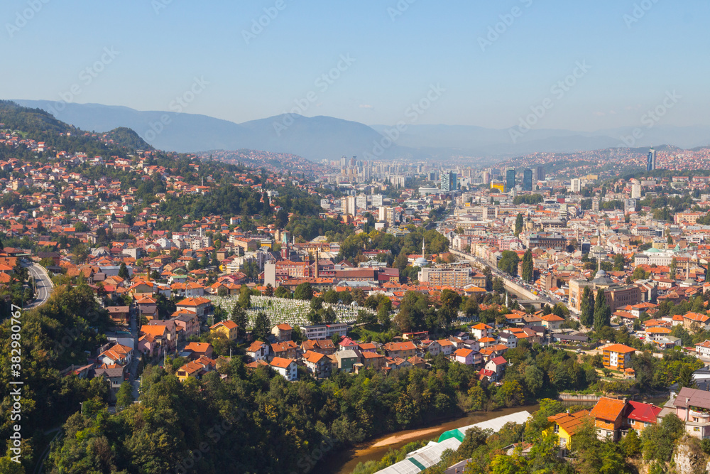 Panoramic view of the city of Sarajevo from the top of the hill. Bosnia and Herzegovina