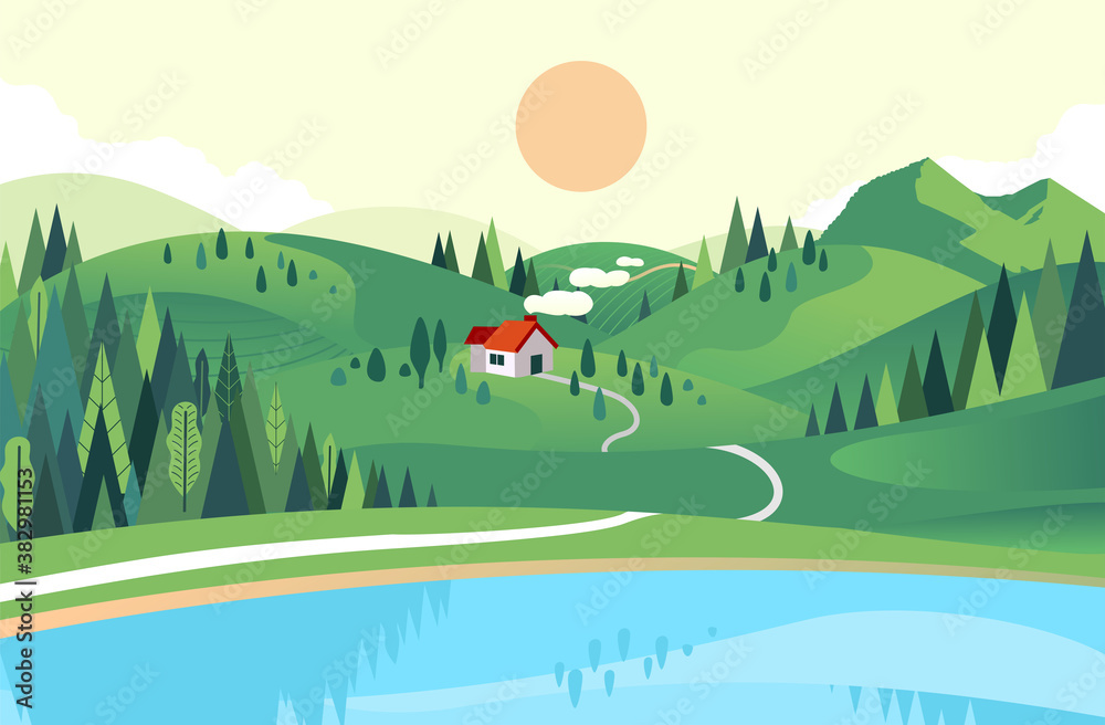Obraz premium vector illustration in flat style of house in the hill with lake and forest near. beautiful landscape illustration