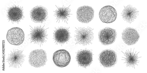 Tangled chaos abstract hand drawn messy scribble ball vector illustration set. Random chaotic dynamic scrawl lines collection. Wild emotion irregular patterns isolated on white background.