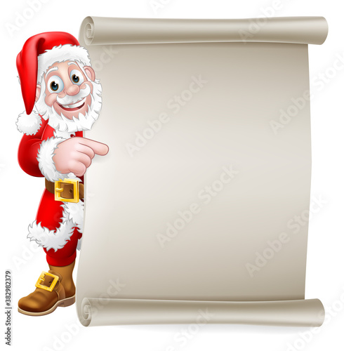 Santa Claus Christmas cartoon character peeking around a scroll sign background and pointing at copyspace.