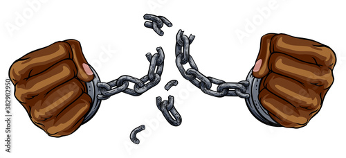 Hands in fists breaking the chain of shackle cuffs freedom concept design