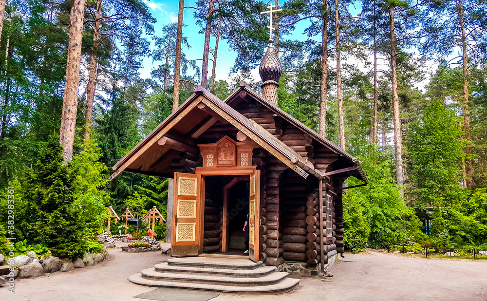 Small chapel in the wood next to the temple in honor of the Kazan icon of the Mother of God in the village Vyritsa in Leningrad region. Russia