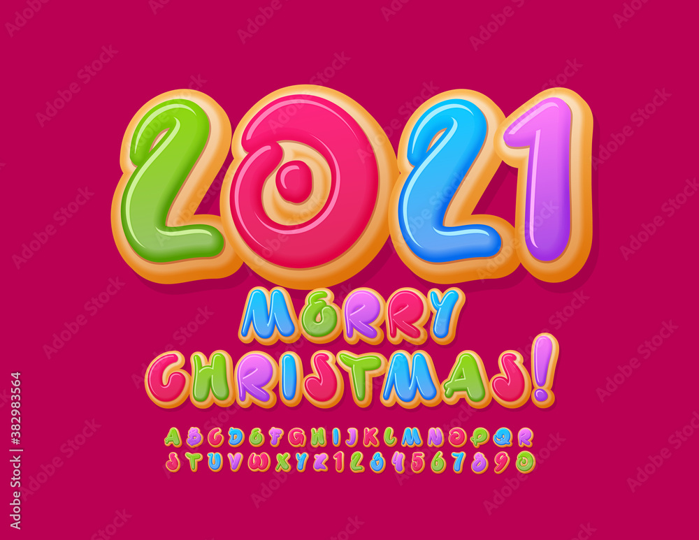 Vector bright greeting card Merry Christmas 2021! Colorful artistic Font. Donut Alphabet Letters and Numbers set
