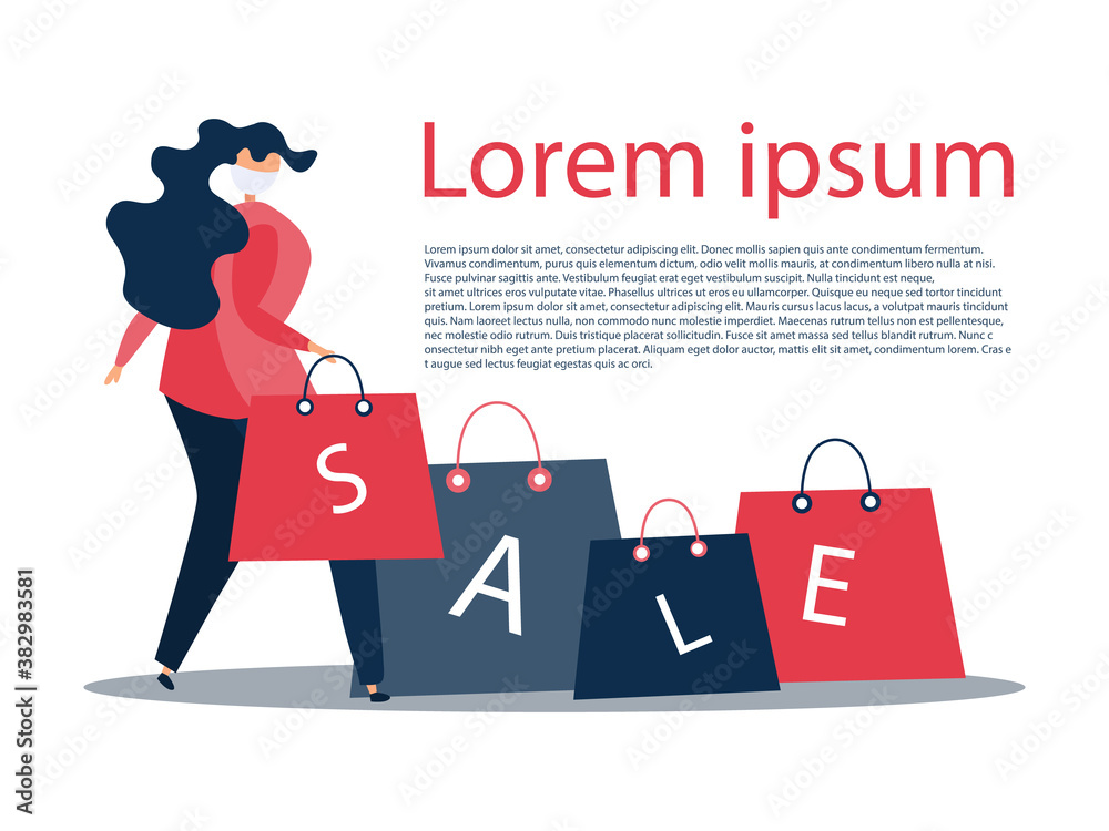 A woman in a medical mask is in a hurry to make purchases. There are packages near the girl. Modern concept. Design of banners for shops and great deals. For sale and black friday.