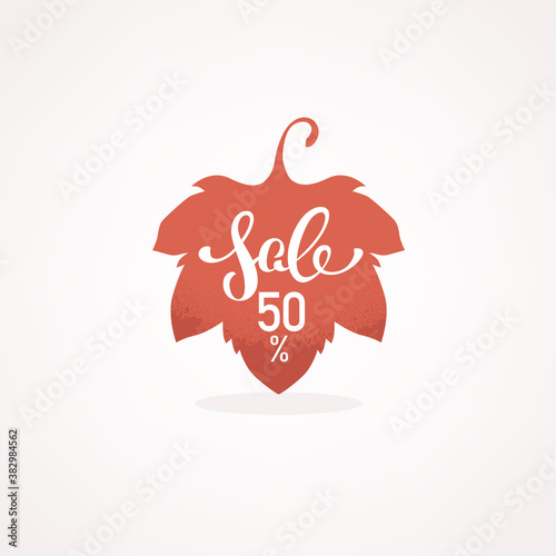 Autumn Sale, vector texture label with had drawn lettering and maple leaf