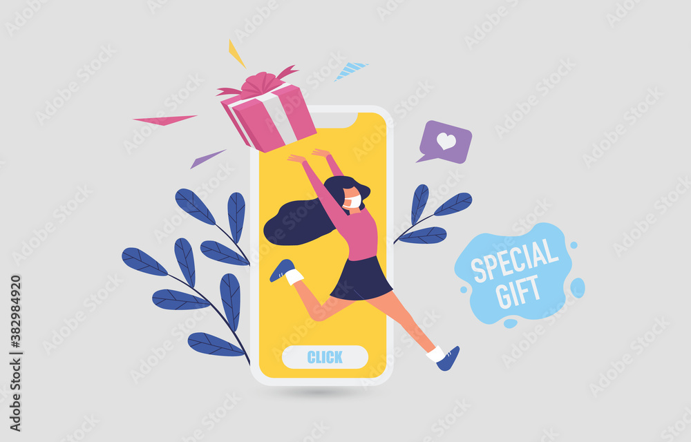 Sale promotion with text special gift and happy girl on mobile phone design for banner sale with lovely women running go to shopping in abstract background.and colorful shirt. Vector illustration.
