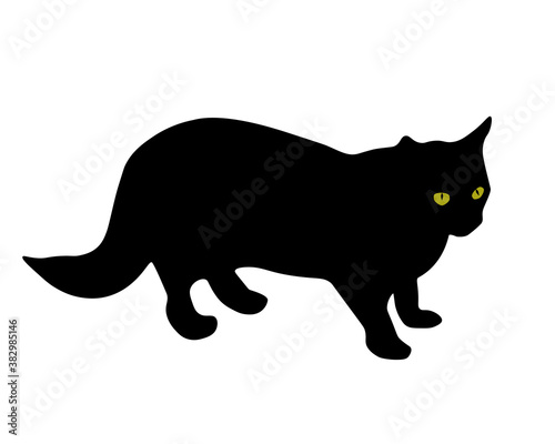 Black cat with glowing green eyes isolated on white background, vector eps 10