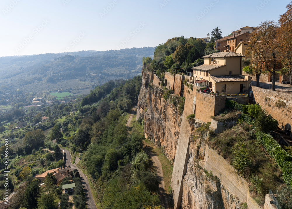 View of the valley from the fortress wall with tower of Orvieto in Umbria, Italy
